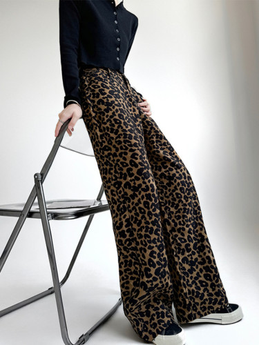 {EAM} Leopard print wide leg pants with a drape feel, women's new spring and autumn Korean version slimming straight leg pants, floorDLZ162