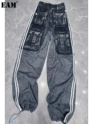 {EAM} European jeans women 2024 autumn new design sense heavy multi-pocket stitching knit pants leg drawstring pants DLZ170