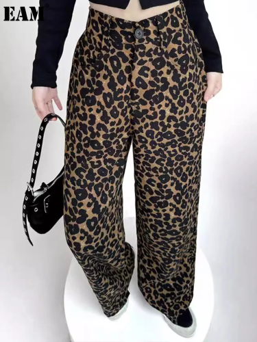 {EAM} Leopard print wide leg pants with a drape feel, women's new spring and autumn Korean version slimming straight leg pants, floorDLZ162
