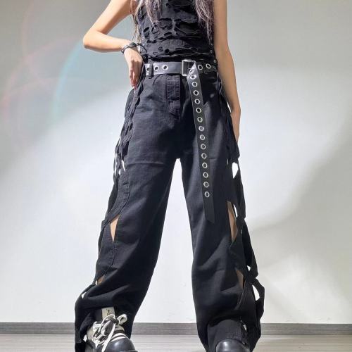 {EAM} European style jeans Western style jeans side braid with holes casual straight leg wide jeans woman DLZ168