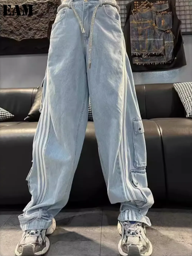 {EAM} European cargo bars overalls women 2024 autumn new design sense of multi-pocket waist special belt denim pants DLZ166