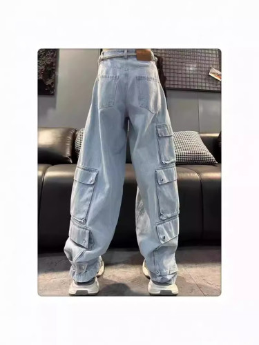 {EAM} European cargo bars overalls women 2024 autumn new design sense of multi-pocket waist special belt denim pants DLZ166