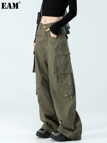 {EAM} American overalls women fall 2024 new fashion brand army green loose wide leg jeans straight leg slimmer DLZ171