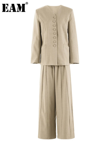 [EAM] Big Size Blazer Pleated Wide Leg Pants Two Piece Suit New V-Neck Long Sleeve Women Fashion Tide Spring Autumn 2024 CPDB248