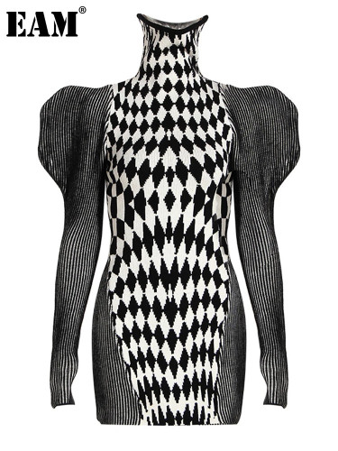 [EAM] Women Black Plaid Knitting Elegant Shaped Dress New Turtleneck Long Sleeve Fashion Tide Spring Autumn 2024 1DH4856