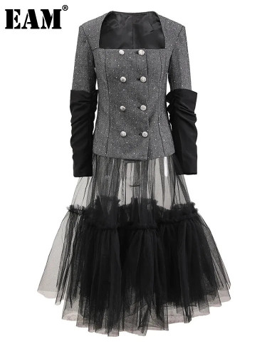 [EAM] Gray Blazer Half-body Skirt Two Pieces Suit New Square Collar Long Sleeve Women Fashion Tide Spring Autumn 2024 CPDB050