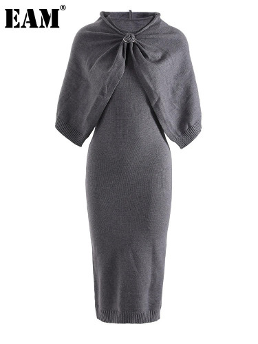 [EAM] Women Gray Slim Fit Knitting Elegant Midi Dress New Round Neck Sleeveless Fashion Tide Spring Autumn 2024 CPDB056