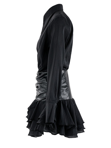 [EAM] Women Black Pleated Pu Leather Elegant Mini Shirt Dress New Lapel Long Sleeve Fashion Tide Spring Autumn 2024  CPDB268