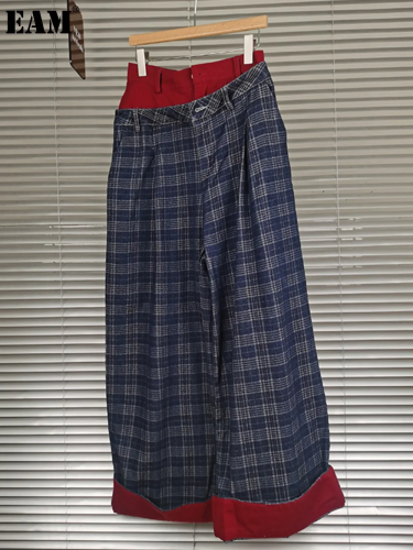 {EAM} South oil factory niche design loose casual plaid straight cylinder 2024 new fashion all-matching slim wide-leg pants DLZ174