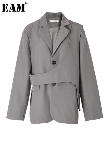[EAM]  Women Gray Irregular Big Size Blazer New Lapel Long Sleeve Loose Fit Jacket Fashion Tide Spring Autumn 2024 1DF3051