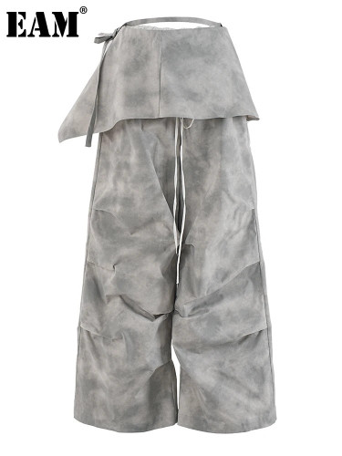 [EAM] High Waist Gray Printed Pleated Drawstring Long Wide Leg Pants New Trousers Women Fashion Tide Spring Autumn 2024 CPDB314