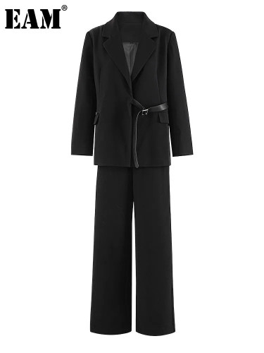 [EAM] Big Size Belted Blazer Wide Leg Pants Two Piece Suit New Lapel Long Sleeve Women Fashion Tide Spring Autumn 2024 CPDB252