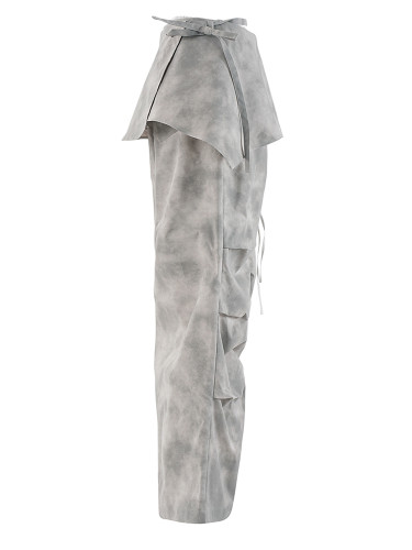 [EAM] High Waist Gray Printed Pleated Drawstring Long Wide Leg Pants New Trousers Women Fashion Tide Spring Autumn 2024 CPDB314