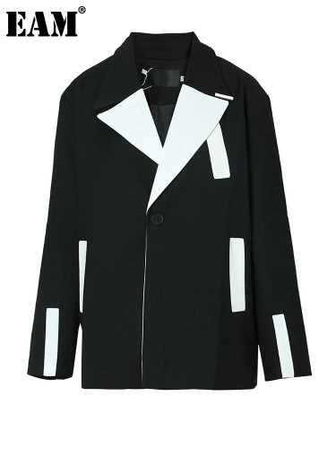 [EAM]  Women Black Color-block Big Size Blazer New Lapel Long Sleeve Loose Fit Jacket Fashion Tide Spring Autumn 2024 1DF3085