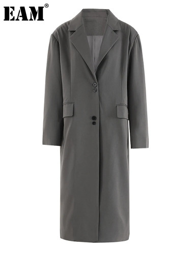 [EAM] Women Gray Button Design Big Size Long Elegant Blazer New Lapel Long Sleeve Jacket Fashion Tide Spring Autumn 2024 CPDB250