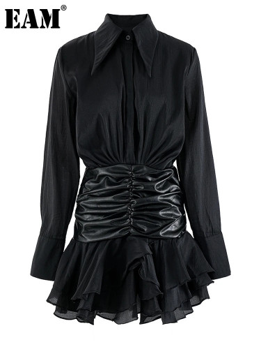 [EAM] Women Black Pleated Pu Leather Elegant Mini Shirt Dress New Lapel Long Sleeve Fashion Tide Spring Autumn 2024  CPDB268
