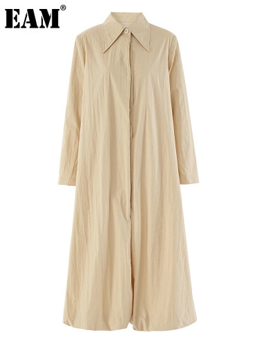 [EAM] Women Khaki Big Size Bud Long Elegant Plain Shirt Dress New Lapel Long Sleeve Fashion Tide Spring Autumn 2024 CPDB267