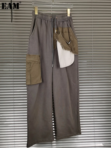 {EAM} Cargo pants wide leg pants women loose straight leg casual pants high waist slimming large size women pants 2024 new spring and autumn pants DLZ182