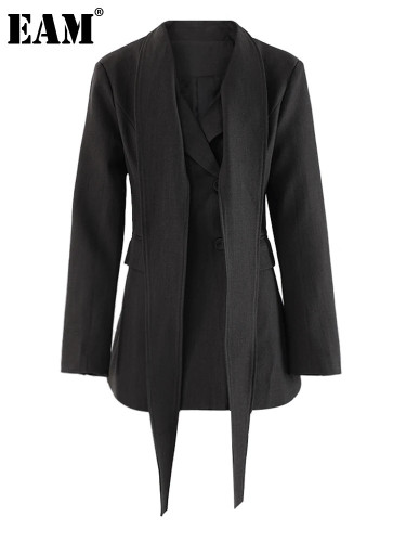 [EAM] Women Dark Gray Ribbons Double Breasted Slim Blazer New Lapel Long Sleeve Jacket Fashion Tide Spring Autumn 2024 CPDB326
