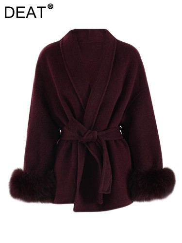 DEAT Fashion Women's Double-side Woolen Coat Lapel Loose Angola Red Sashes Fur Sleeves Short Coats Winter 2024 New Tide CPG2347