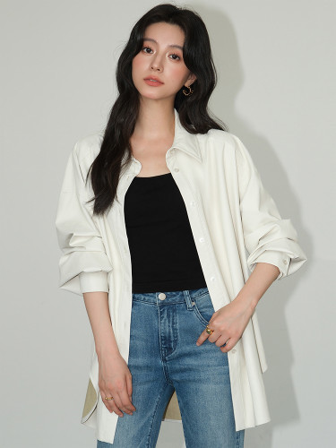 DEAT Fashion Women's PU Leather Shirt Lapel Loose Single Breasted Long Sleeves Brown Blouse Autumn 2024 New Tide 7AB5446