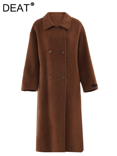 DEAT Fashion Women's Gray Woolen Coat Lapel Loose Double Breasted Long Sleeves Blends Overcoat Winter 2024 New Tide CPG2352
