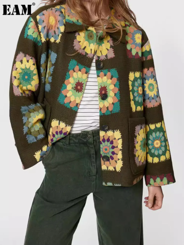 {EAM} New floral print green jacket with lapel loose long-sleeved print jacket DLZ197