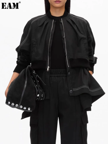 {EAM} Niche 2024 autumn new solid color round neck zipper splicing loose long sleeve coat women DLZ199