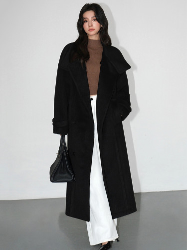 DEAT Fashion Women's Woolen Coat Turtleneck Loose Single Breasted Lined Sashes Gray Blends Overcoat Winter 2024 New Tide 7AB5447