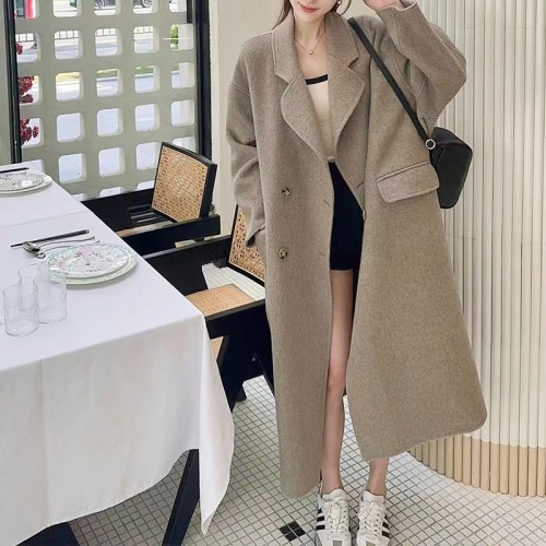 DEAT Fashion Women's Woolen Coat Lapel Loose Double Breasted Long Sleeves Double-side Blends Overcoat Winter 2024 New CPG2350