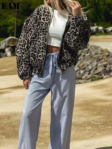 {EAM} New leopard print jacket crew neck zipper loose jacket street trend DLZ194
