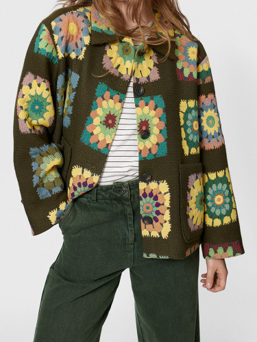 {EAM} New floral print green jacket with lapel loose long-sleeved print jacket DLZ197