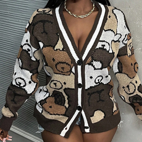 {EAM} Bear long-sleeved knitted cardigan Europe and the United States cross-border 2024 autumn new casual style single-row multi-button sweater cardigan DLZ190