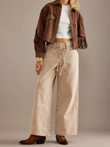 {EAM} Brown jacket with fringe lapel pocket embellished with long sleeve coat street trend DLZ195