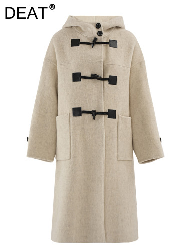 DEAT Fashion Women's Beige Woolen Coat Hooded Loose Horn Button Long Sleeves Pockets Blends Overcoat Winter 2024 New CPG2351
