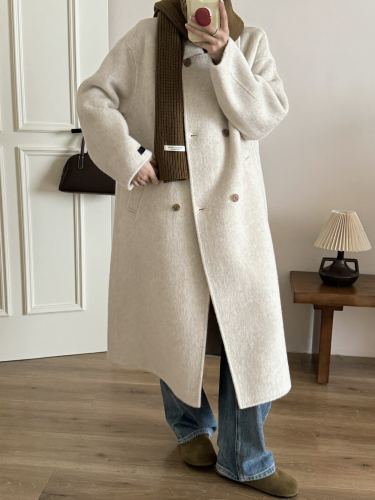 DEAT Fashion Women's Gray Woolen Coat Lapel Loose Double Breasted Long Sleeves Blends Overcoat Winter 2024 New Tide CPG2352