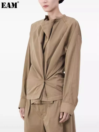 {EAM} Autumn and winter new color design asymmetrical button-side slit top for women's slatted collar with sloping long-sleeved shirt DLZ187