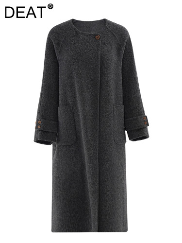 DEAT Fashion Women's Brown Woolen Coat Round Neck Loose Single Button Raglan Sleeves Blends Overcoat Winter 2024 New CPG2353