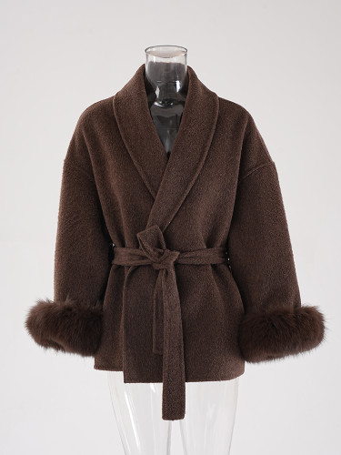 DEAT Fashion Women's Double-side Woolen Coat Lapel Loose Angola Red Sashes Fur Sleeves Short Coats Winter 2024 New Tide CPG2347