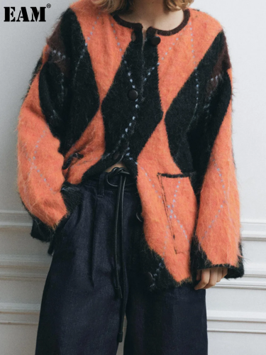 {EAM} Round-neck jacquard knitted coat Europe and the United States cross-border 2024 autumn new casual style loose single-row multi-button coat DLZ193