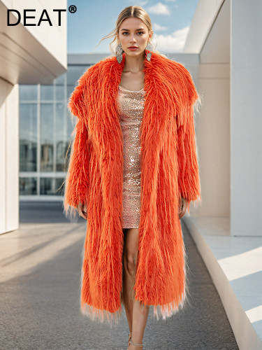 DEAT Fashion Women's Faux Fur Coat Lapel Loose Long Sleeves Orange Tassel Loose Thick Warm Jacke Winter 2024 New Tide 7AB6033