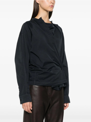 {EAM} Autumn and winter new color design asymmetrical button-side slit top for women's slatted collar with sloping long-sleeved shirt DLZ187