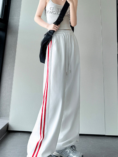 {EAM}White quick drying sports pants, summer women's pants, women's high waist hanging casual pants, straight leg American striped DLZ161