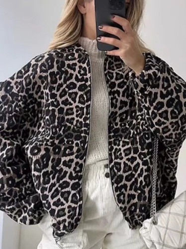 {EAM} New leopard print jacket crew neck zipper loose jacket street trend DLZ194
