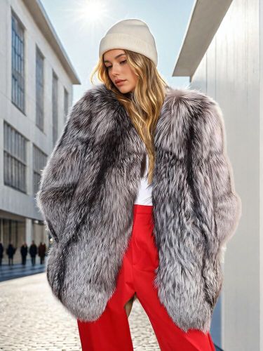 DEAT Fashion Women Faux Fur Coat V-neck Loose Long Sleeve Gray Thick Silver Fox Fur Imitation Fur Jacket Winter 2024 New 7AB6035