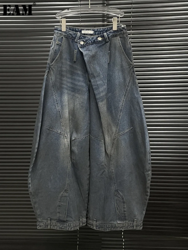 {EAM} Structural design dirty dirty make old jeans for women retro fashion wide-leg trousers DLZ184