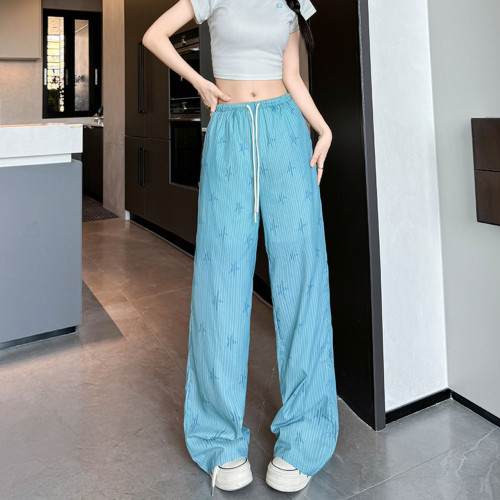 {EAM}Star Ice Silk Wide Leg Pants Women's Pants Summer Pants Children's New Look Slim Casual Pants Lazy Style Hanging Loose Straight DLZ160