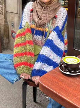 {EAM} Contra color striped loose knitwear Europe and the United States cross-border 2024 autumn new casual style long-sleeved sweater DLZ196