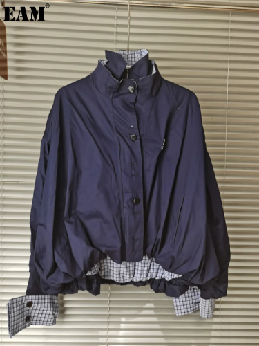 {EAM} New reversible cotton vintage contrasting plaid jacket design feel autumn jacket jacket DLZ177