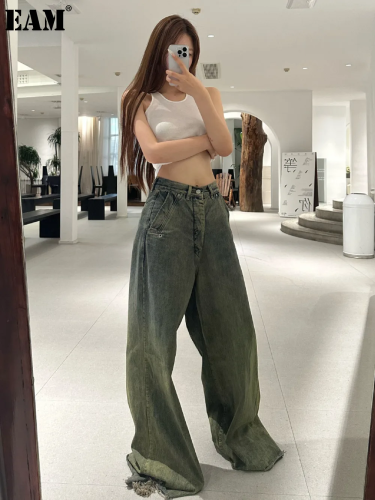 {EAM} Japanese retro straight barrel type mopping water gradient yellow process four seasons denim long pants DLZ164